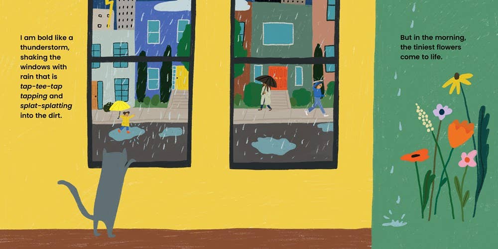 Illustration of a cat looking out two windows at rain, with flowers blooming on the right.