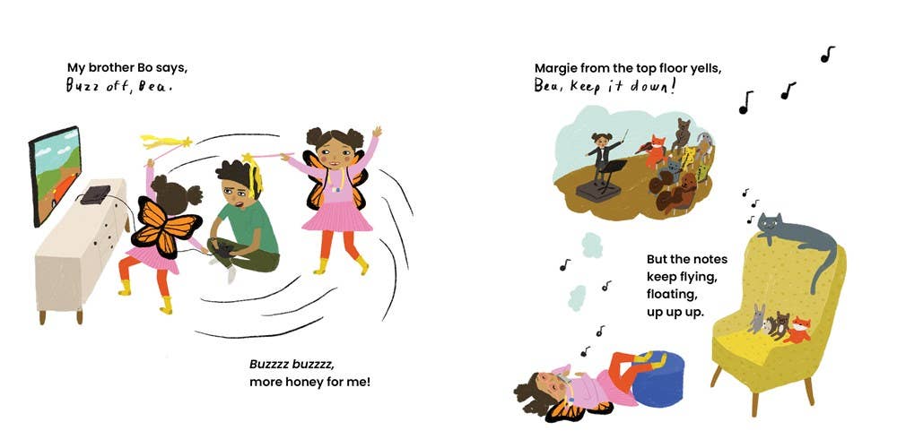 Illustrated children's book page with characters and text about a butterfly and children playing.