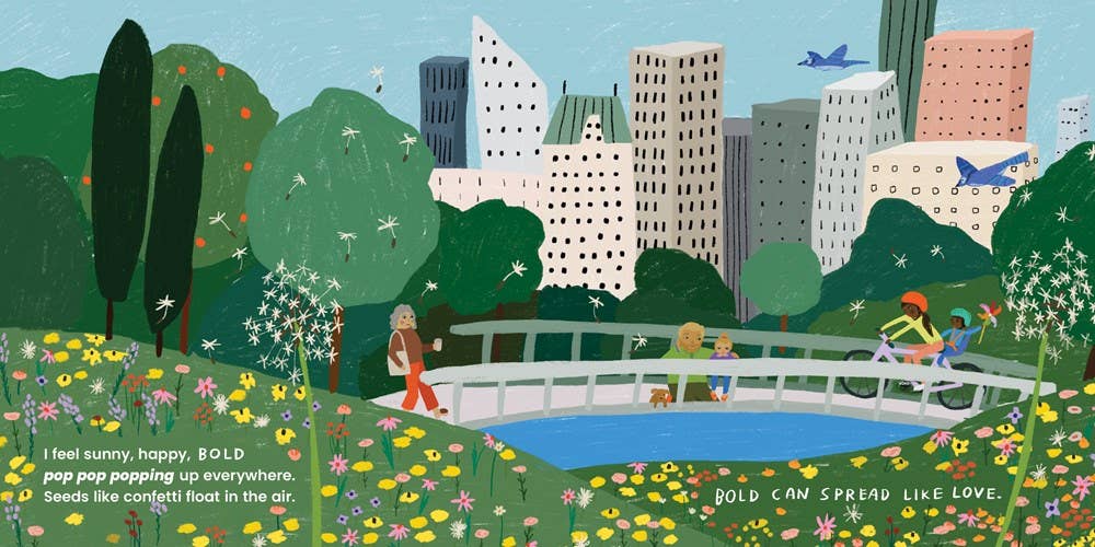 Illustration of a park with people, trees, and buildings in the background.