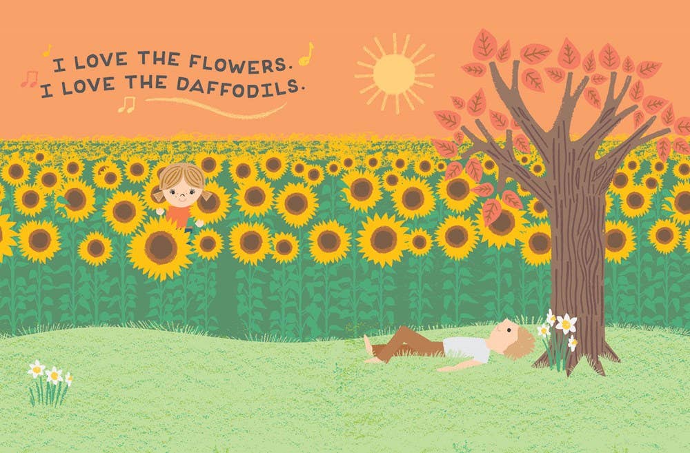 Illustration of a child lying on the grass with sunflowers and a tree, under an orange sky with text.