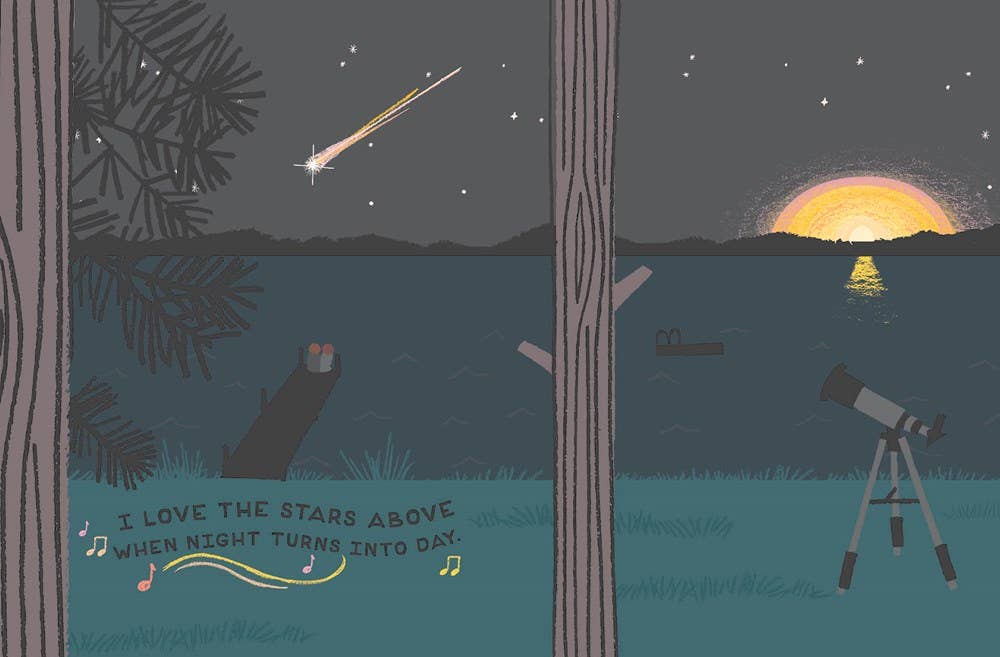 Illustration of a night scene by a lake with a telescope, trees, and a shooting star.