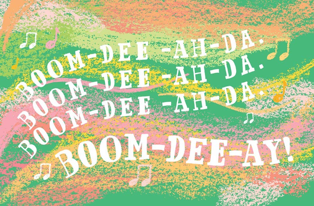 Text 'BOOM-DEE-AH-DA' repeated with musical notes on a colorful abstract background