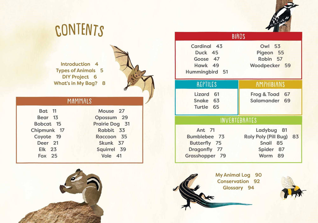 Table of contents for an animal-themed book with illustrations of various animals.