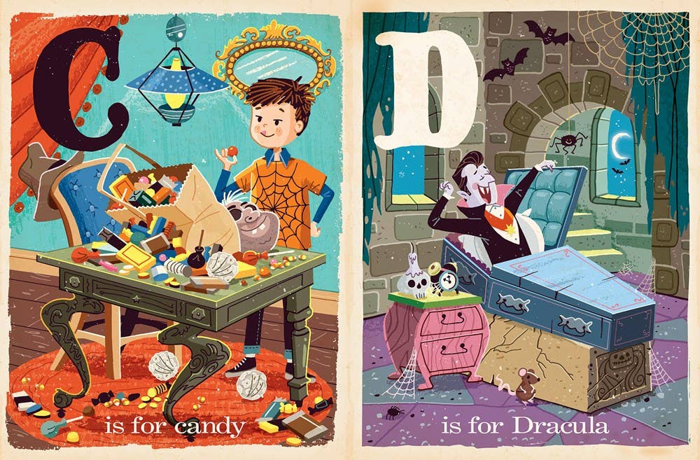 Illustrated alphabet book pages with 'C is for Candy' and 'D is for Dracula'.