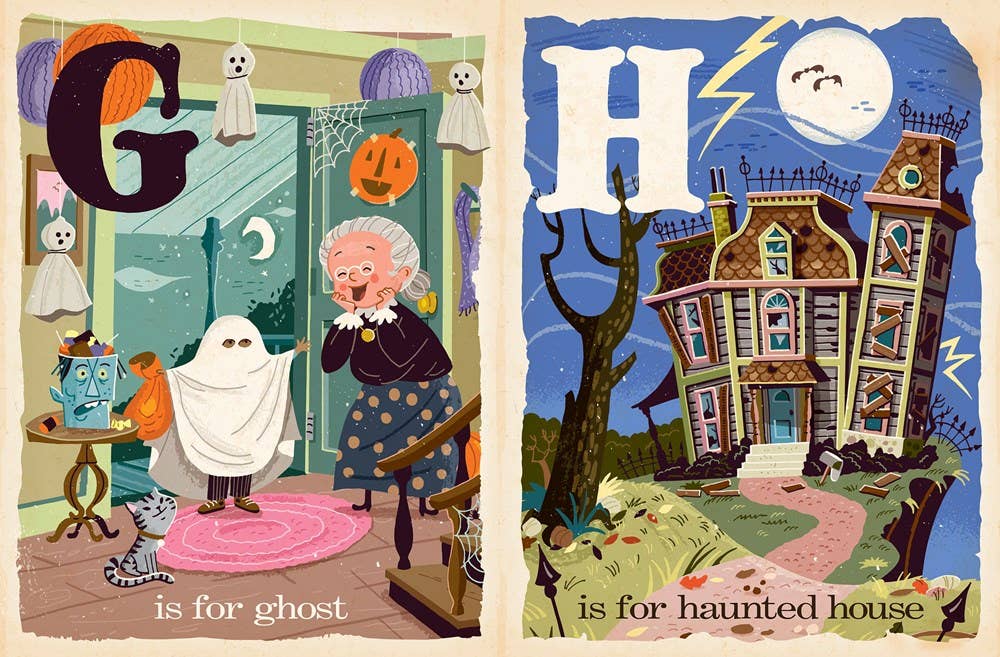 Two Halloween-themed panels with 'G' for ghost and 'H' for haunted house.