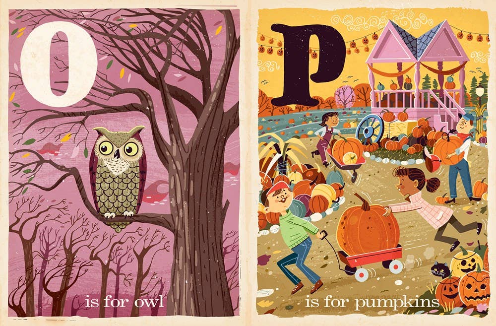 Two children's book covers side by side, one with an owl and the other with pumpkins.