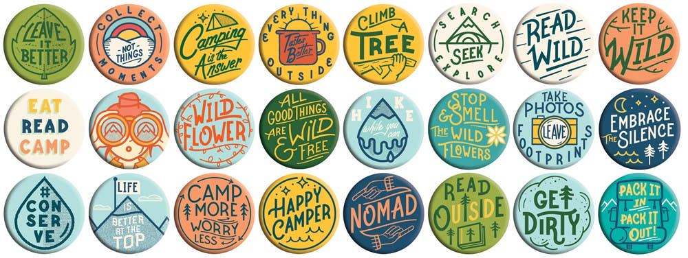 A grid of round sticker or patch designs with hand-drawn illustrated text and icons on a white background. The designs feature colors including green, orange, yellow, blue, and brown, with themes such as nature, reading, travel, and positivity.