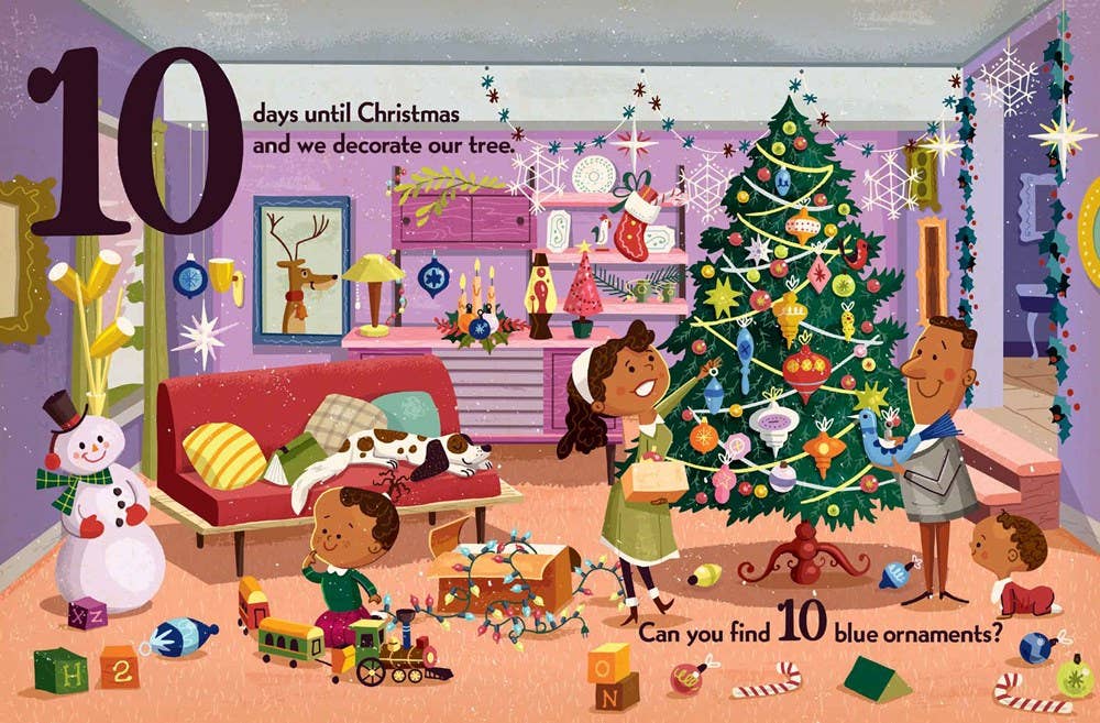 Illustration of a family decorating a Christmas tree with festive decorations and toys.