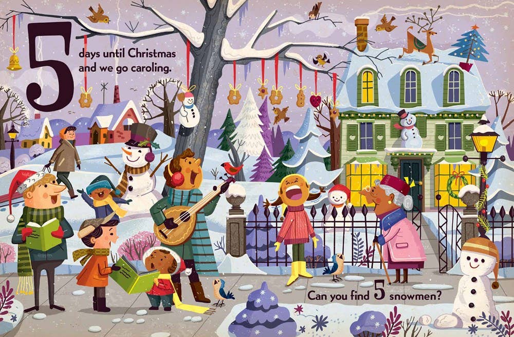 Illustration of a winter scene with people caroling, snowmen, and festive decorations.