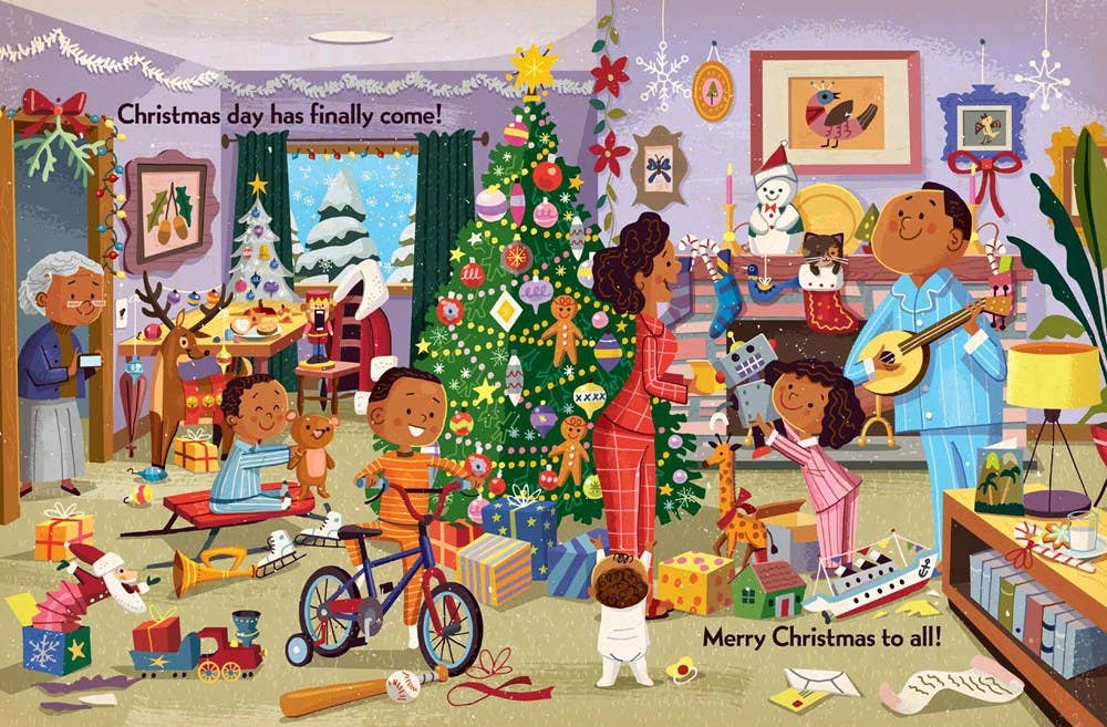 Illustration of a family celebrating Christmas with a decorated tree and presents.