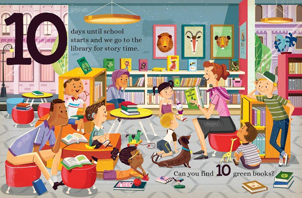 Illustration of children in a library with a countdown to school starting.