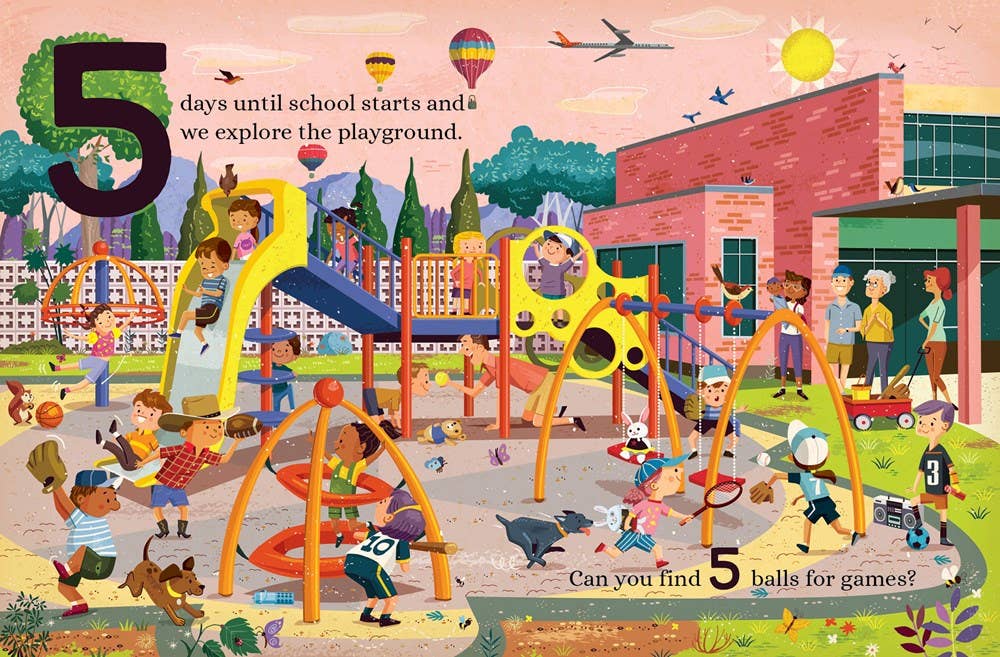 Illustration of a playground scene with children playing and text about school starting.