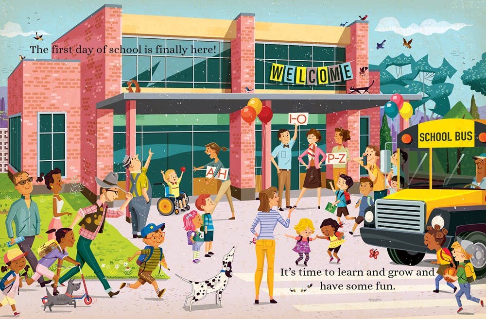 Illustration of a school building with children and a school bus on the first day of school.