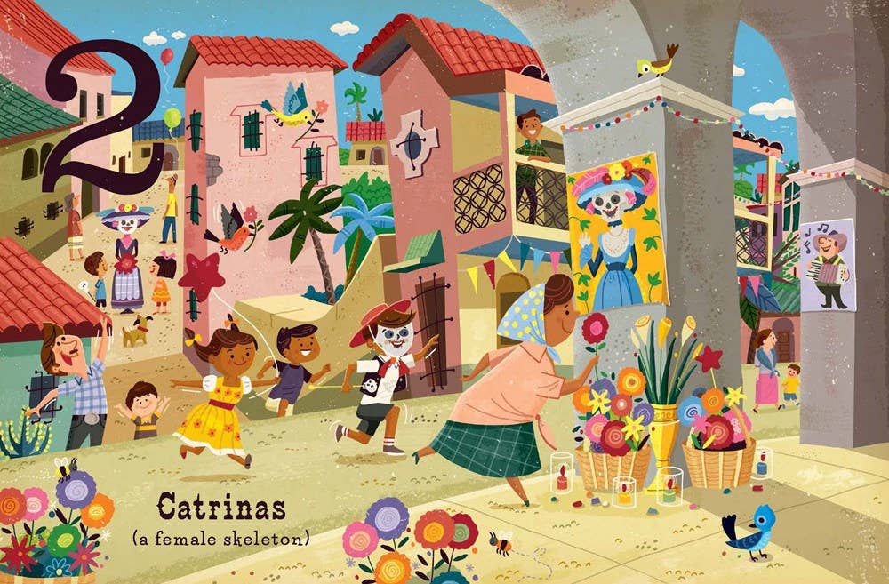Illustrated scene of a street with colorful buildings and people, featuring the number 2 and the word 'Catrinas'.
