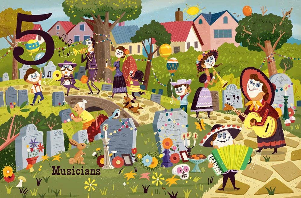 Illustration of musicians playing music in a cemetery with colorful houses in the background.