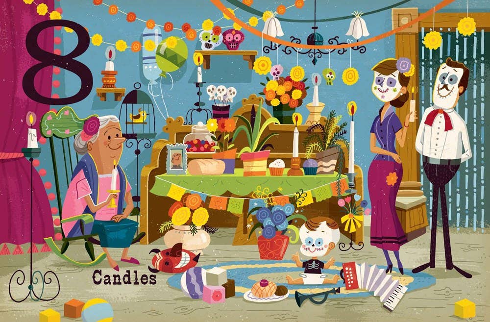Illustration of a festive room with people in colorful attire, candles, and decorations.