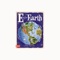 Children's book cover titled "E is for Earth" by Greg Paprocki, featuring a colorful illustrated globe on a dark blue background with white title text and a small red publisher mark at the bottom left.