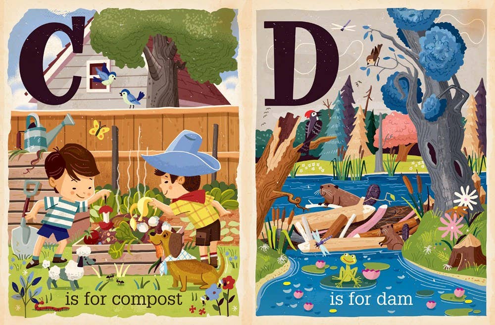 Illustrated alphabet book pages showing 'C is for compost' and 'D is for dam'.