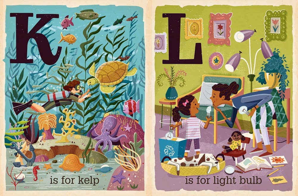 Illustrated book pages with 'K is for Kelp' and 'L is for Light Bulb'.