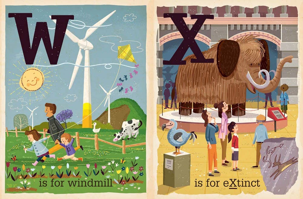 Illustrated alphabet book pages showing 'W is for windmill' and 'X is for extinct'.
