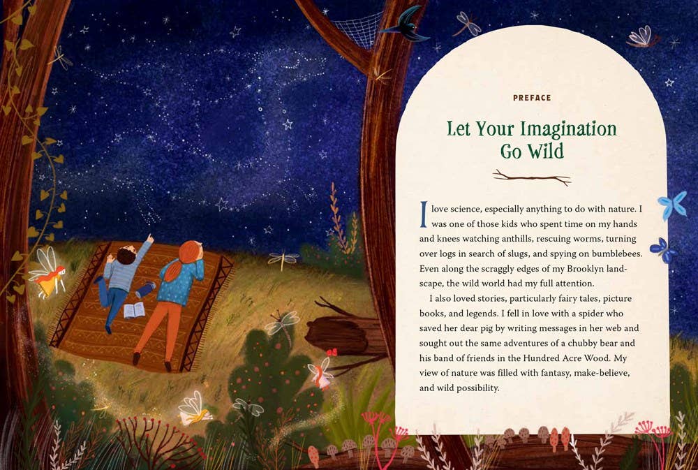 Illustration of two people under a starry sky with a book titled 'Let Your Imagination Go Wild'.