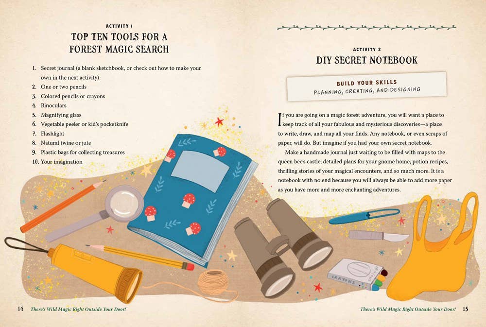 Illustrated page from a book with tools for a forest magic search and a DIY secret notebook.