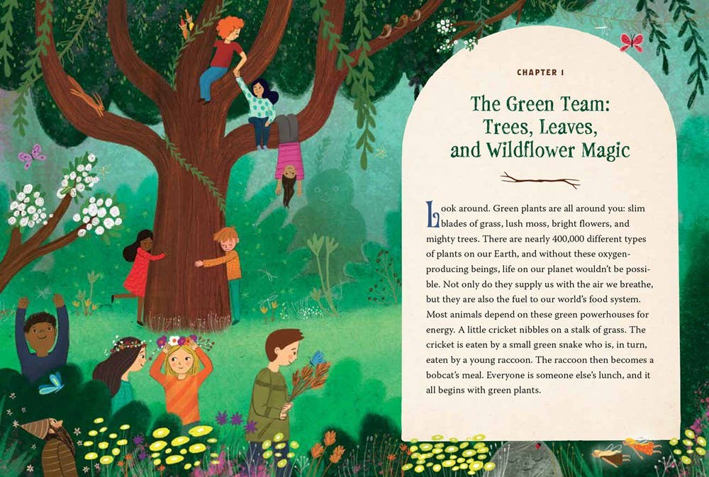Illustrated book page with children climbing a tree and nature-themed text.