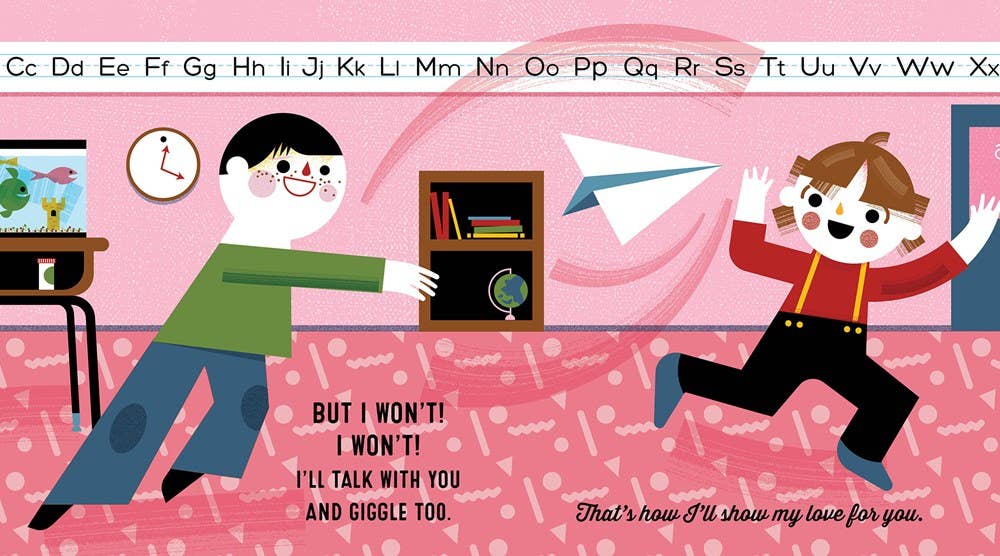 A pink-themed educational poster or art print featuring cartoon children in a classroom setting. One child on the left in a green shirt pushes a bookshelf, while a child on the right in a red shirt chases a paper airplane.