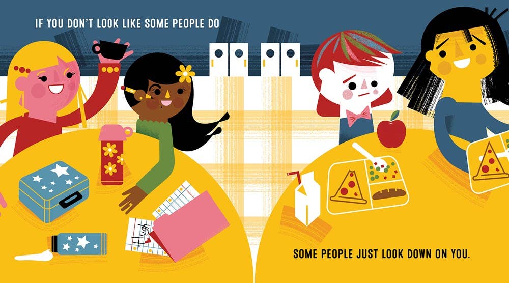 A stylized illustrated poster showing four cartoon girls sitting around a table with lunch items, with text reading 'IF YOU DON'T LOOK LIKE SOME PEOPLE DO' at the top and 'SOME PEOPLE JUST LOOK DOWN ON YOU.' at the bottom.