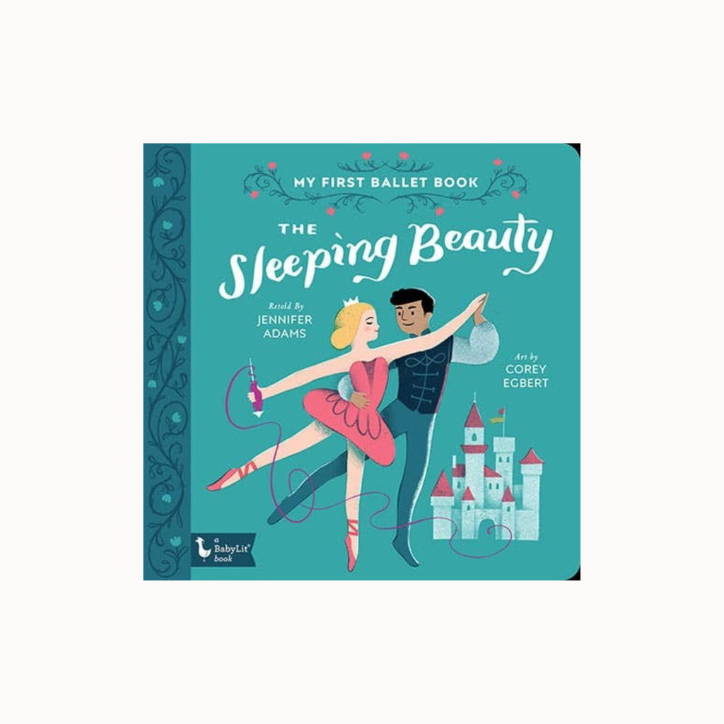 The Sleeping Beauty children's board book by BabyTurtle Books, featuring a teal cover with an illustration of a ballerina princess and prince on a castle.