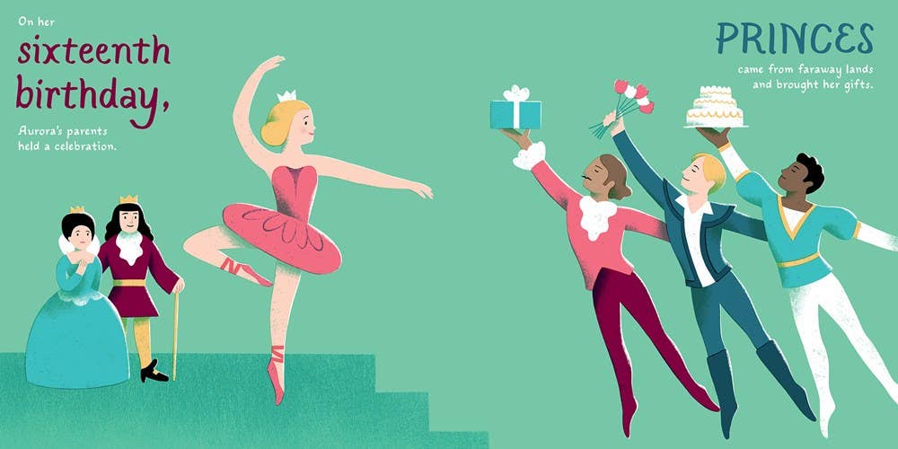 A flat vector illustration for a sixteenth birthday party invitation or poster, featuring a ballerina in a pink tutu on green steps, two historical figures on the left, and three dancing princes celebrating with a cake and gifts on the right.