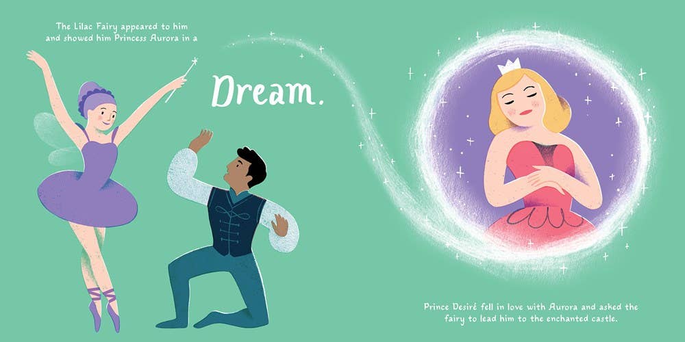 Illustrated children's book or poster-style scene on a mint green background. A fairy in a purple dress dances with a boy, while a circular bubble shows a princess in a pink dress sleeping under a starry spell.