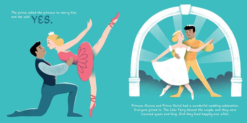 A flat vector illustration in a whimsical, hand-drawn style. The left side shows a prince kneeling and asking a princess to marry him, who says YES.