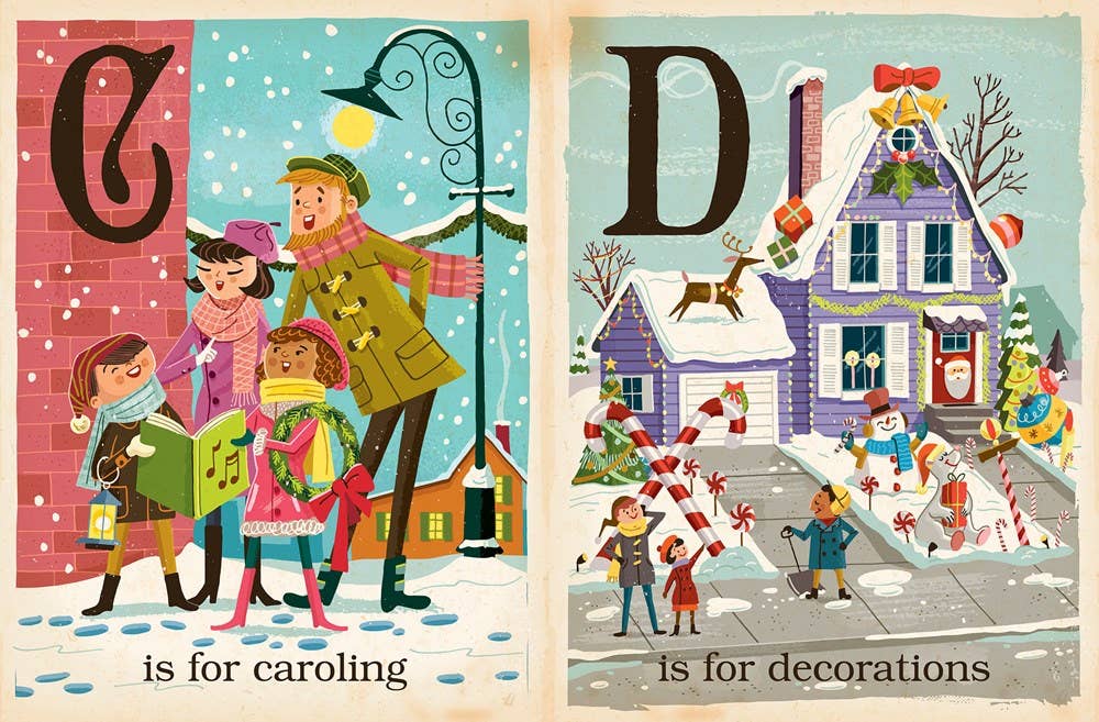 Illustrated book pages showing 'C is for caroling' and 'D is for decorations' with winter-themed scenes.