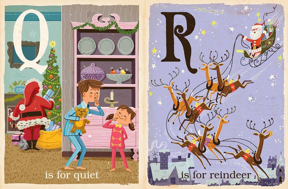 Two Christmas-themed cards with illustrations and text, one featuring Santa Claus and the letter 'Q', the other with reindeer and the letter 'R'.
