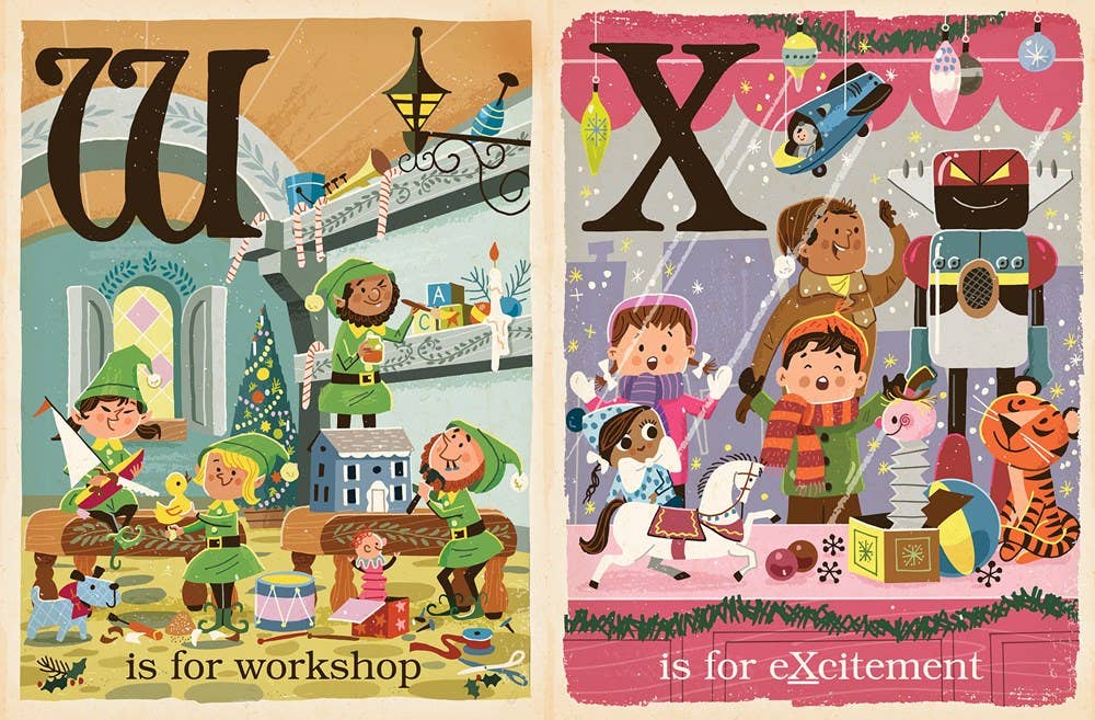 Two Christmas-themed posters with letters 'W' and 'X', featuring children and festive elements.