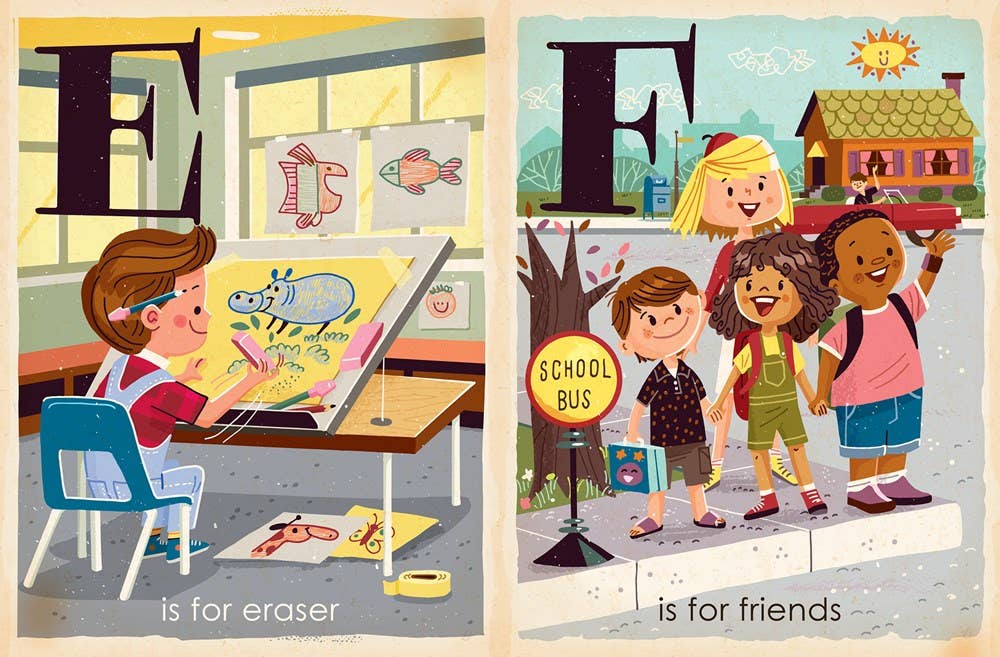 Illustrations of a child drawing and children on a school bus, with text 'E is for eraser' and 'F is for friends'.