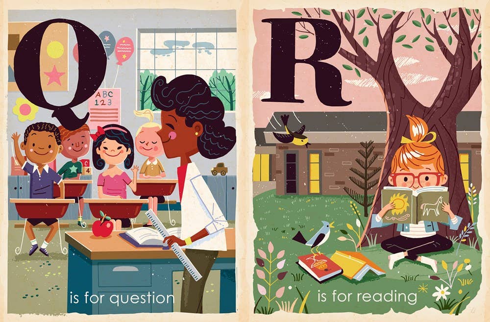 Illustrations of children with educational elements, including letters 'Q' and 'R'.