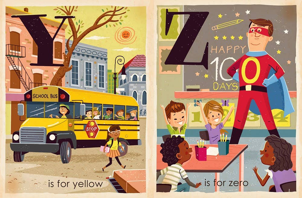 Illustrated book cover with a school bus and children, featuring letters Y and Z.