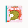 The Iliad children's book cover by Jennifer Adams, featuring a stylized Spartan helmet with a red-orange hair and a green face on a pink background. The book is shown standing upright with a teal spine band on a light gray background.
