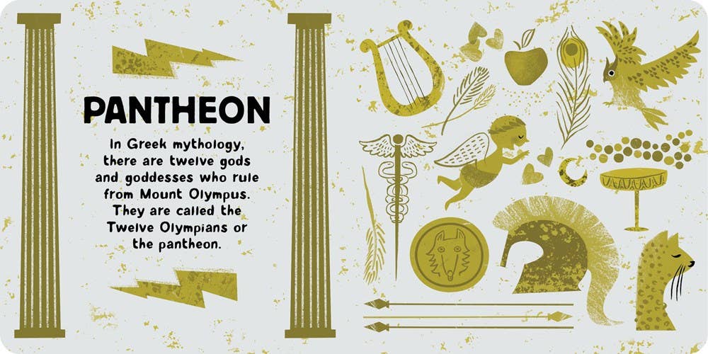 Illustration of Greek mythology pantheon with symbols and text on a white background