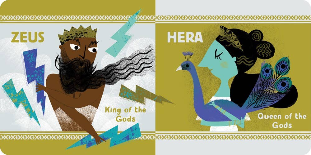 Two cards featuring illustrations of Zeus and Hera with descriptive text on a green background.