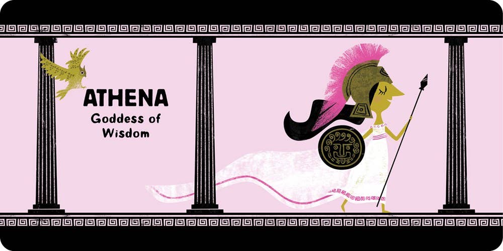 Illustration of Athena, the Goddess of Wisdom, on a pink background with columns and a owl.