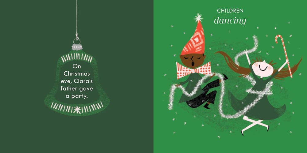 Illustration of a green bell with text and two characters dancing on a green background