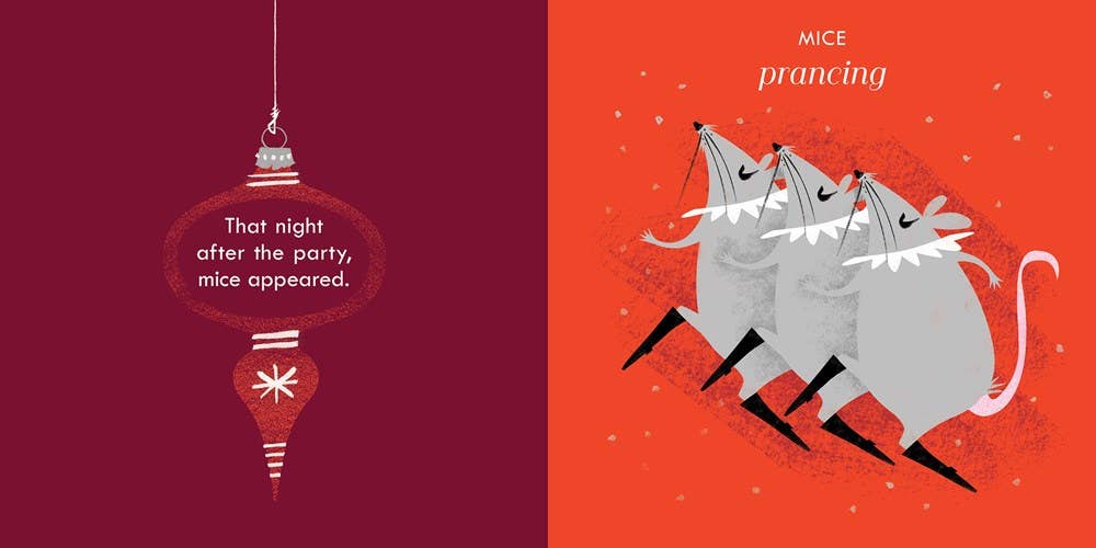 Illustration of a Christmas ornament and running mice on a red and orange background.