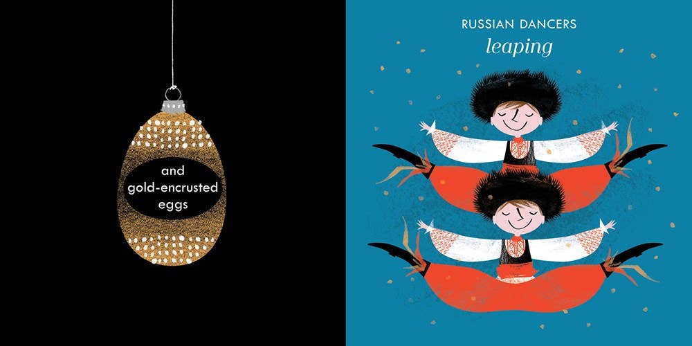 Illustration of a gold egg with text on a black background, next to an illustration of Russian dancers on a blue background.