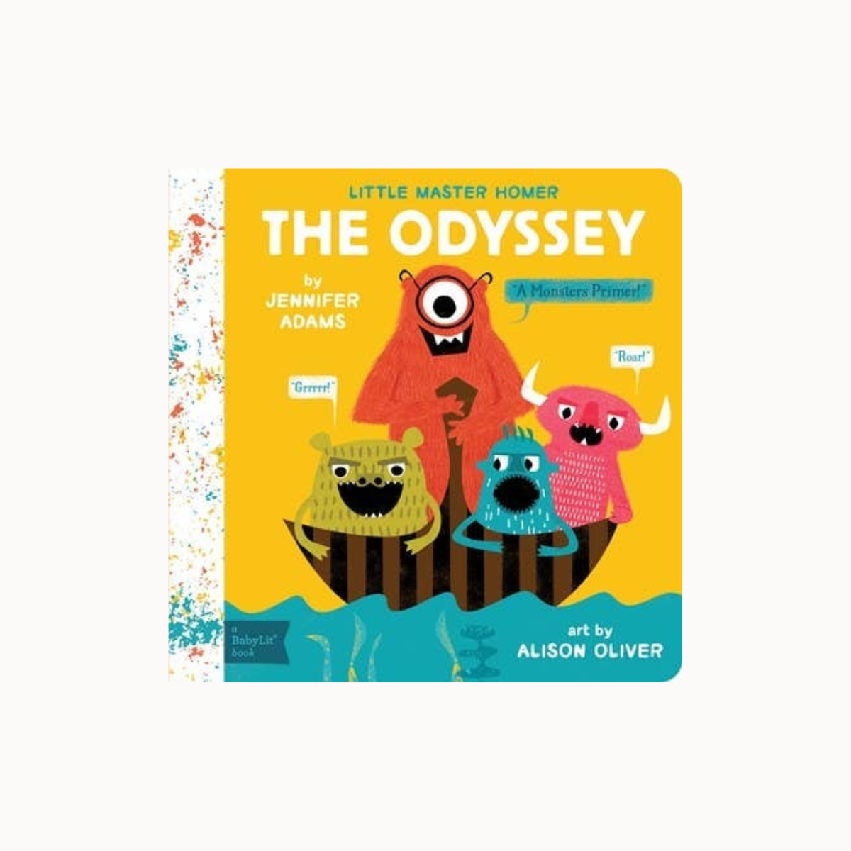 Little Master Homer The Odyssey Hardcover Book with a bright yellow cover, colorful cartoon monsters in a boat, and a speckled white spine on a light gray background.