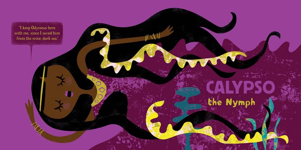 Illustrated cover art for 'Calypso the Nymph' featuring a stylized dark-haired woman floating on a purple background with yellow sea-creature shapes and the title text.