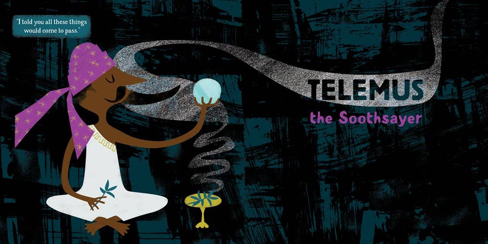Illustrated book cover for 'TELEMUS the Soothsayer' showing a stylized figure in a white robe and purple headscarf holding a glowing orb, with a dark textured background and title text.