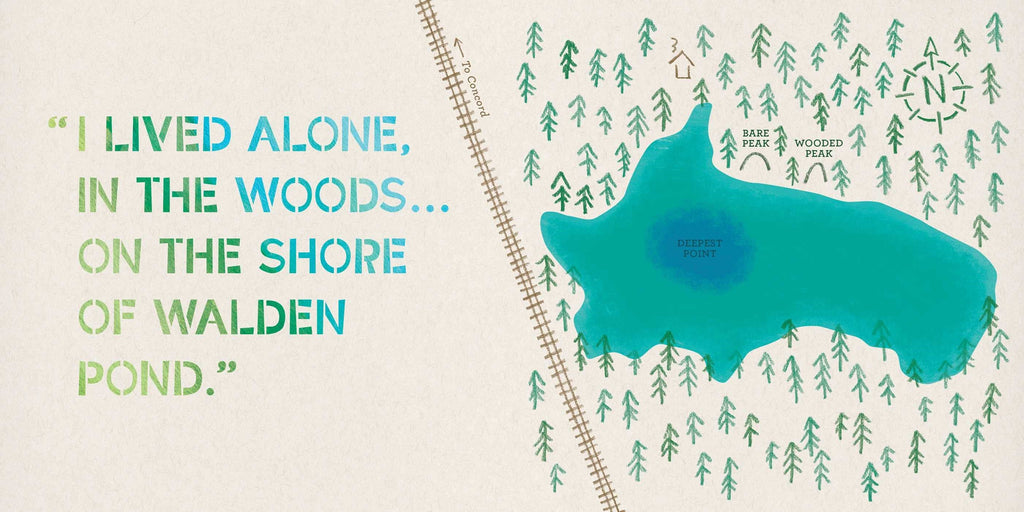 Map of Walden Pond with trees and a quote about living alone in the woods.